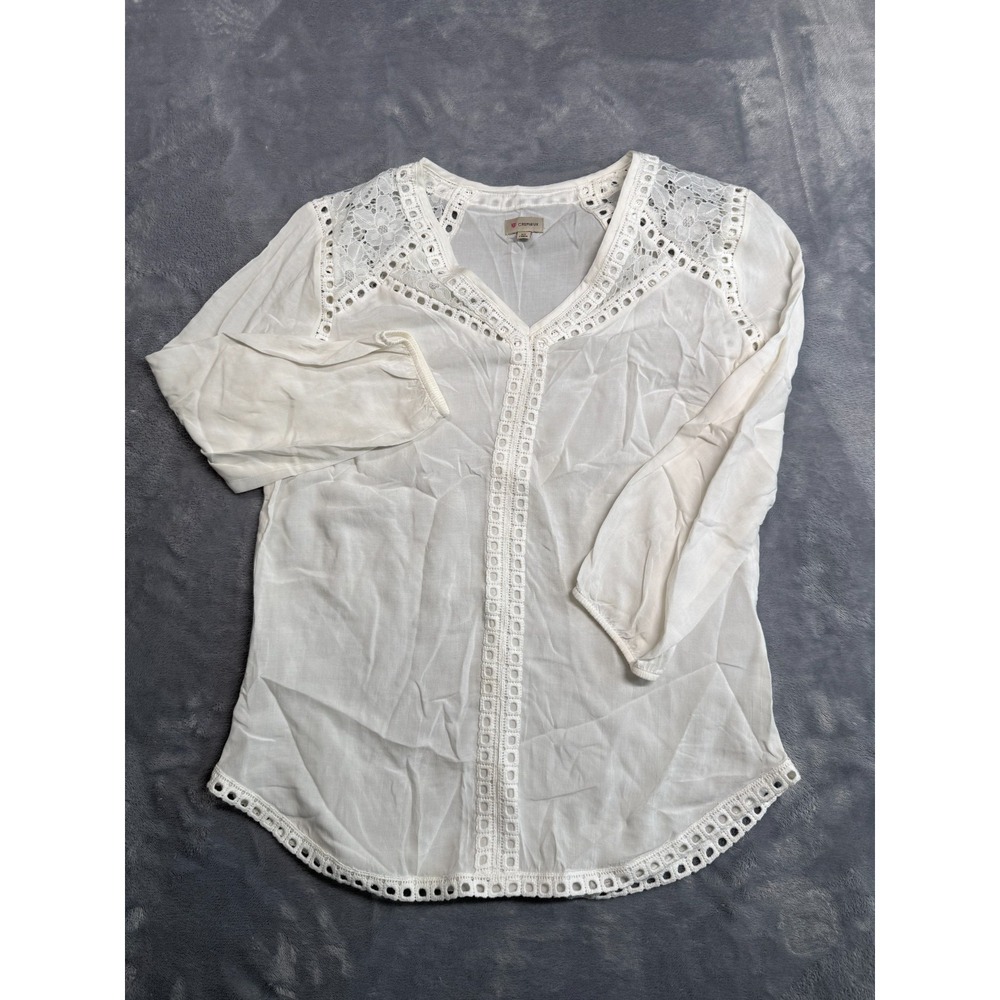 Cremieux Blouse Top Womens XS White Floral Crochet Detail V Neck Sheer Bohemian